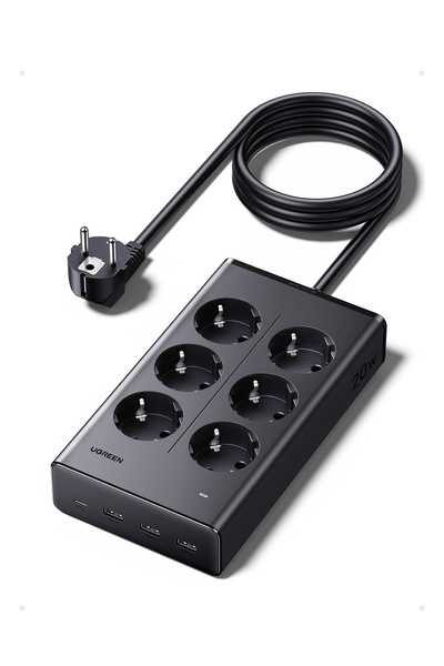 Ugreen 6’lı Akım Korumalı Grup Priz, 20W USB-C, USB-A Çıkışlı Şarj İstasyonu,...