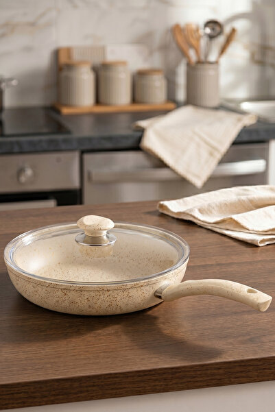 EVREN MUTFAK 28 Cm Cream(Krem) Ezme Seri Granit Kapaklı Tava, Non-stick, 2 LT...