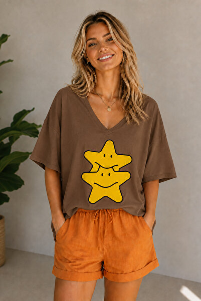 ArtYus Double Star Printed V-Neck Casual Unisex Oversize T-Shirt – Cotton Cas...