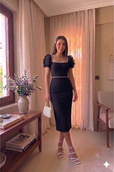 ALFUDO Moda Collection Black Midi Length Pearl Balloon Sleeve Evening Dress G...