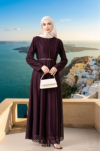 Sevitli Piping Detailed Belted Lace Hijab Dress-Purple
