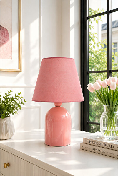 EvLight Liva Pembe Metal Gövdeli 34 cm Pembe Kumaş Abajur