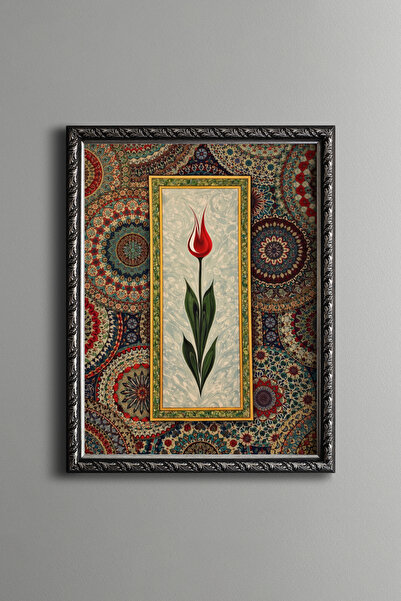 epiqart Ebru Zeminli Kırmızı Lale Motifi Tablosu - Vintage Desenli Çerçeve - ...