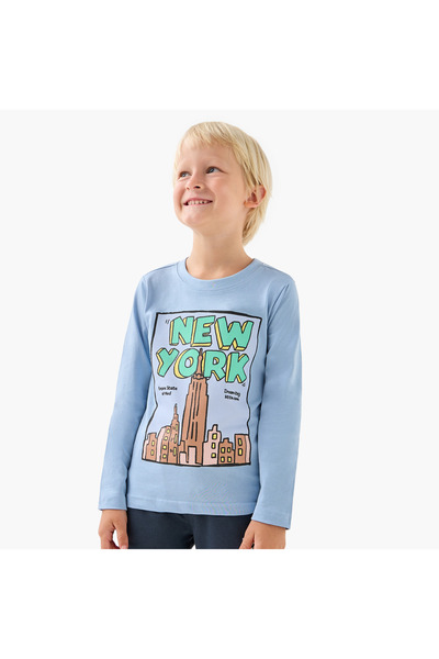 Juniors Boys Crew Neck T-shirt with Graphic Print - Cotton - Long Sleeves