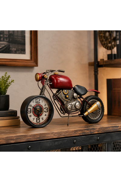 hediyeconcepti Dekoratif Motosiklet Masa Saati – Kırmızı Vintage Motor Tasarı...