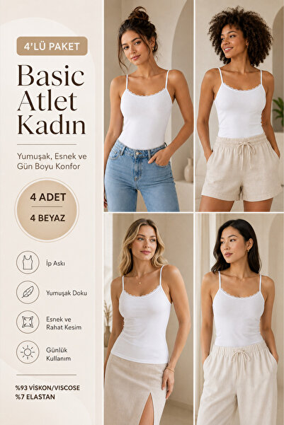 Loule Women's Viscose 4-Piece Undershirt with Rope Straps & Lace Detail