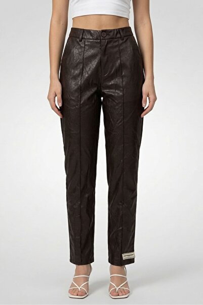 The Giving Movement Women Skinny Fit Solid Straight Leg Leather Pants, Brown