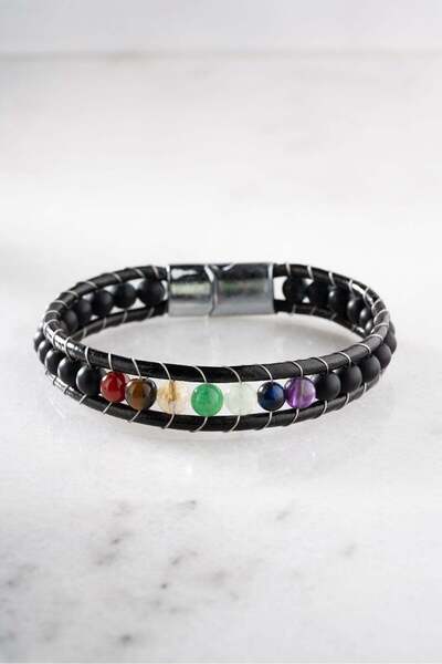 Nereze Chrome Plated 6 mm Chakra Natural Stone Men's Leather Bracelet