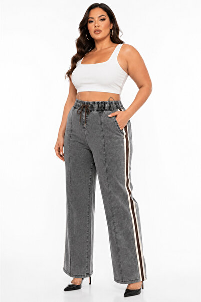 ZANESSİ FASHION Plus Size Denim Sport Stripe Detailed Wide Leg Women's Trousers