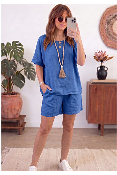 Little Visqon Women's Linen Shorts Set Comfortable Cut Oversize Top and Botto...