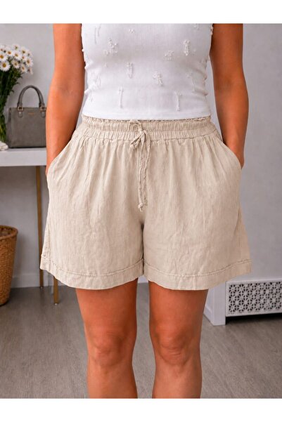 MARE BUTİK Elastic Waist Linen Textured Shorts-Beige