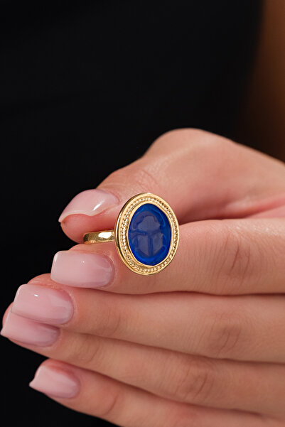 İntaglio Glass Cameo 18 k Gold Kaplama 925 Ayar Gümüş Scarap Mısır Böceği Yüzük