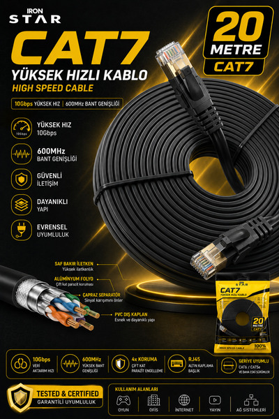 IRONSTAR CAT7 Ethernet Kablo 20 Metre / CAT7 İnternet Kablosu 20m / 20 Metre ...
