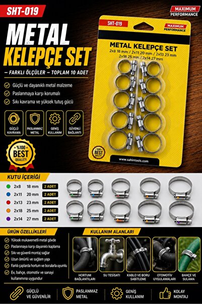 Keyfi Sepet Metal Kelepçe Seti 10 Adet Hortum Boru Sıkma Kelepçesi 18-20-23-2...