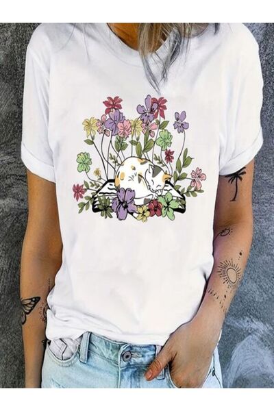 COZYWEAR Flowers and Sleeping Cat Printed Oversize T-Shirt