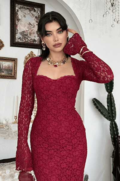 Clothes Fast Rochie de seară lungă cu detalii din dantelă, cu guler pătrat, m...