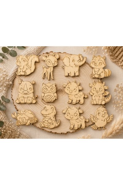 ÇAKRA 12-Piece Wooden Coloring Set with Animal Figures - Educational Toy - Children's Coloring Activity