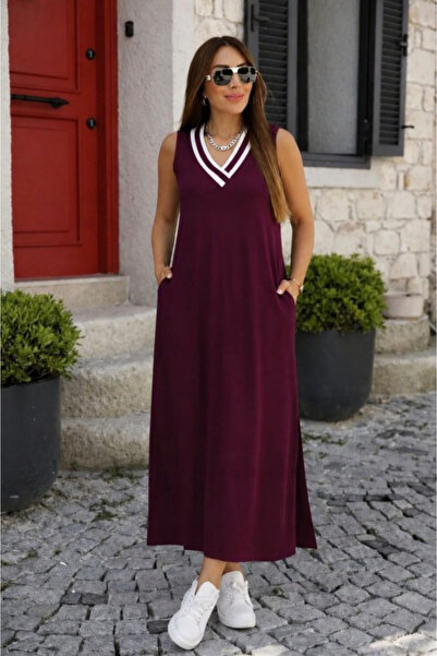 Kokosh moda Kadın V Yaka Şerit Detaylı Cepli Uzun Viskon Elbise