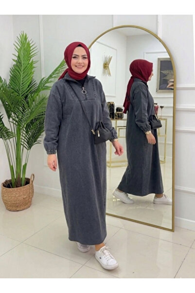 Modanurseda Sada Kadın Kot Denim Fermuarlı Boydan Tesettür Elbise Büyük Beden