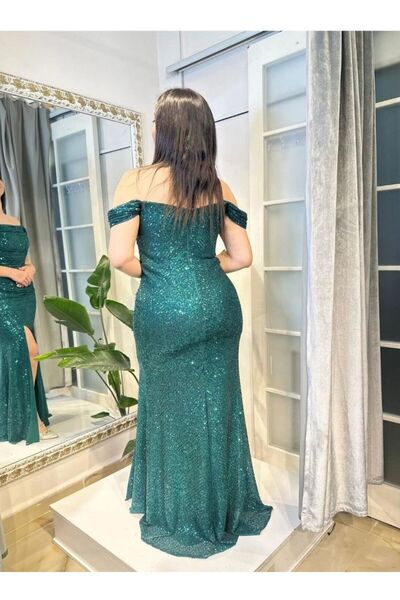 Abiye's YEŞİL YIRTMAÇLI DÜŞÜK KOL BALIK DEGAJELİ PAYET ELBİSE