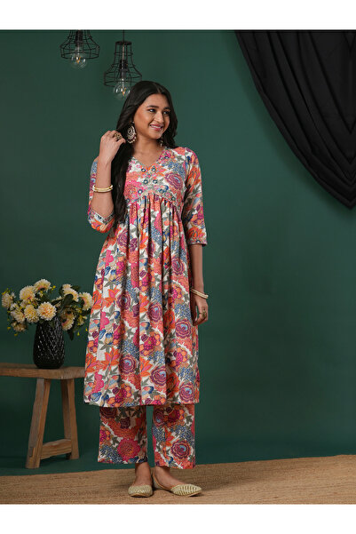 Globus By Styli Pink Embroidered Detail Floral Aliya Cut Kurta and Pants Fusi...