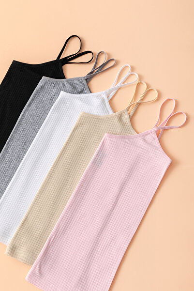 lidya lingerie Kadın Fitilli 5 li Basic Regular İp Askılı Pamuklu Ribana Atlet