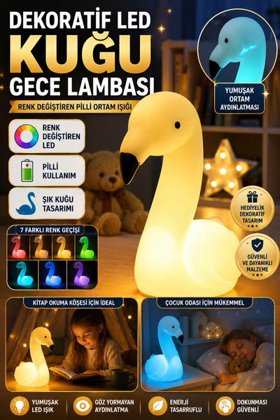 Hane Dostu Dekoratif LED Kuğu Gece Lambası Renk Değiştiren Pilli Ortam Işığı ...