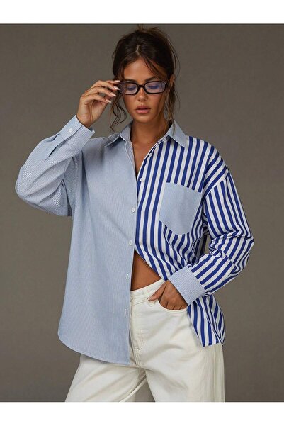 ladyzey Women's Blue Striped Single Pocket Dual Color Shirt