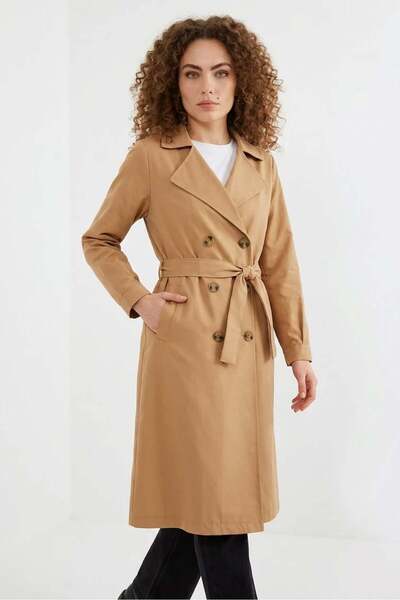 ALFA AKSESUAR 03 Women's Double-Breasted Collared Belted Tan Trench Coat