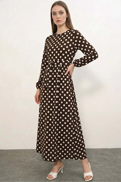 ALFA AKSESUAR 03 Women's Round Neck Belted Polka Dot Dark Brown Dress