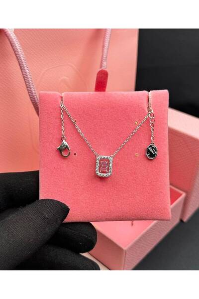 Generic Sparkling Square Silver Pendant Necklace with Brilliant Gemstones