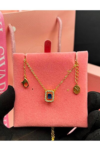 Generic Elegant Gold Square Royal Blue Stone Pendant Necklace