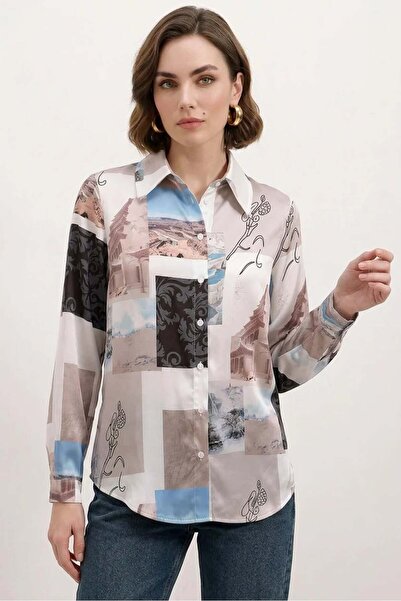 Generic Brand Women's Patterned Satin Light Beige Shirt