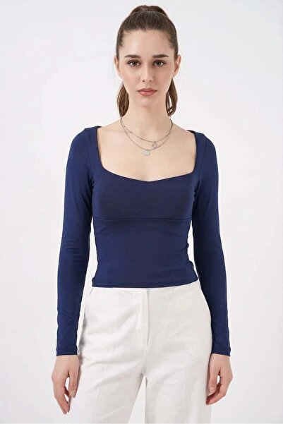 Generic Brand Women's Square Collar Fitted Fit Navy Blue Blouse