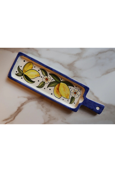 muguetarts %100 El Emeği Desenli Renkli Saplı Sunum Tabağı 28x11x8 cm Limon D...