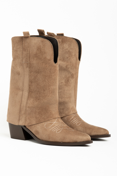 DENORA Mink Camel Matte Suede Trousers Flat Western Cowboy Boots