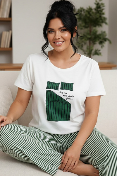 Siyah İnci desenli Pamuklu Büyük Beden Battal Boy Örme Pijama Takım