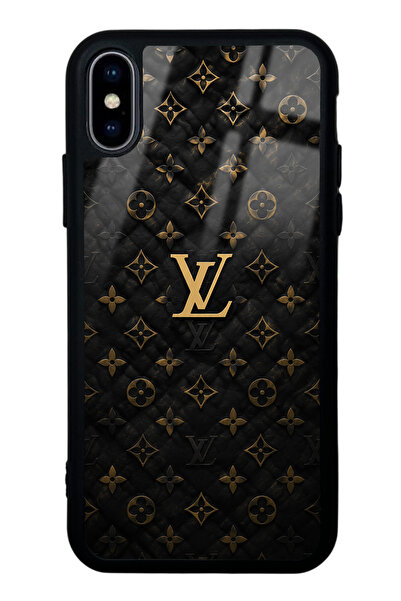 Spoyi iPhone X - Xs Black Gold LV Tasarımlı Glossy Telefon Kılıfı