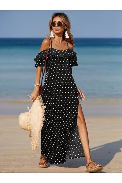 Wear Up Women's open shoulder ruffle detail slit long polka dot supreme dress...