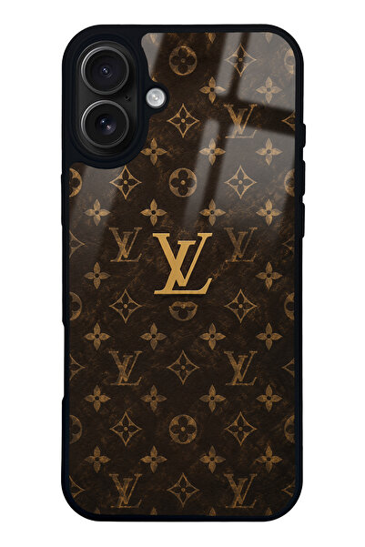 Spoyi iPhone 16 Plus Brown Gold LV Tasarımlı Glossy Telefon Kılıfı