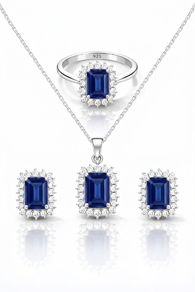 TASLİDUSLERJEWELRY Safir Mavi Dikdörtgen Taşlı 925 Ayar Gümüş Takı Seti – Kol...