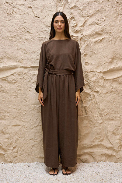 KÜÇÜĞÜM BUTİK Brown Linen Loose Blouse and Belted Loose Trousers Two-Piece Se...