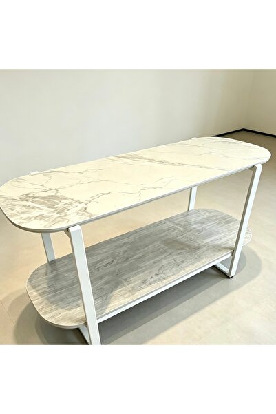 Bleco Round Edge Marble Pattern Double Tier Sofa Console Table