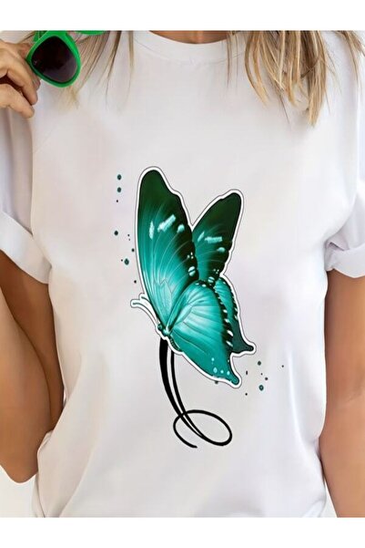 COZYWEAR Turquoise Butterfly Printed Oversize T-Shirt