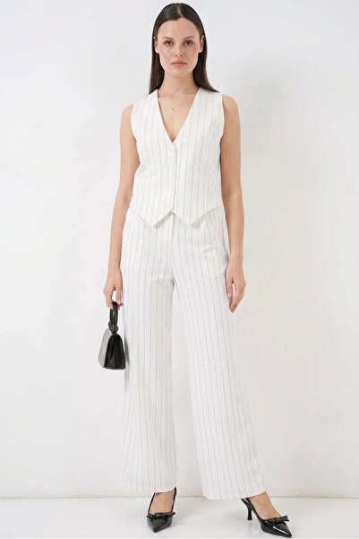 ALFA AKSESUAR 03 Women's V-Neck Striped White Two-Piece Set