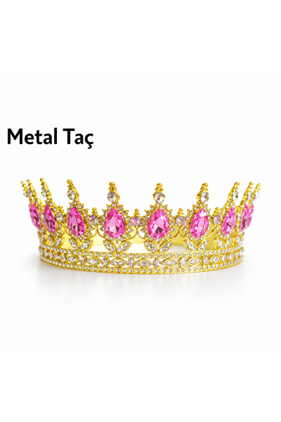 parti pera Gold Metal Taç Pembe Taşlı 12 cm Çapında Metal Gövde Pasta Tacı Ka...
