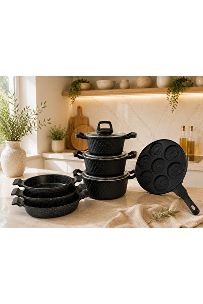 LAVONNI Obsidyen Family Set 10 Piece Cast Granite Cookware Set and Pancake Pa...