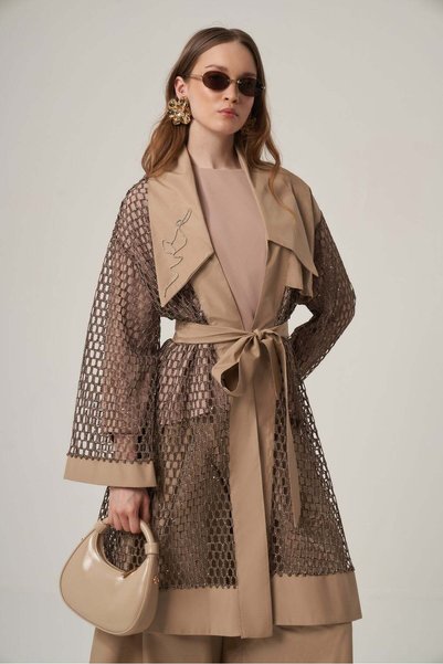 FTZ WOMEN Women's Comfortable Fit Mesh Fabric Garnished Double Suit Beige 31368