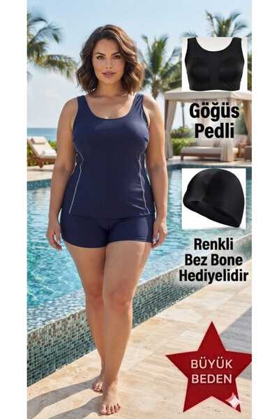 SUERTO Kadın Lacivert BÜYÜK BEDEN Şortlu Tankini Esnek Likralı Kumaş Şortlu A...