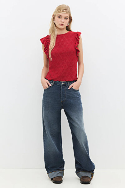 No Matter What Crew Neck Openwork Patterned Blouse with Ruffled Sleeves